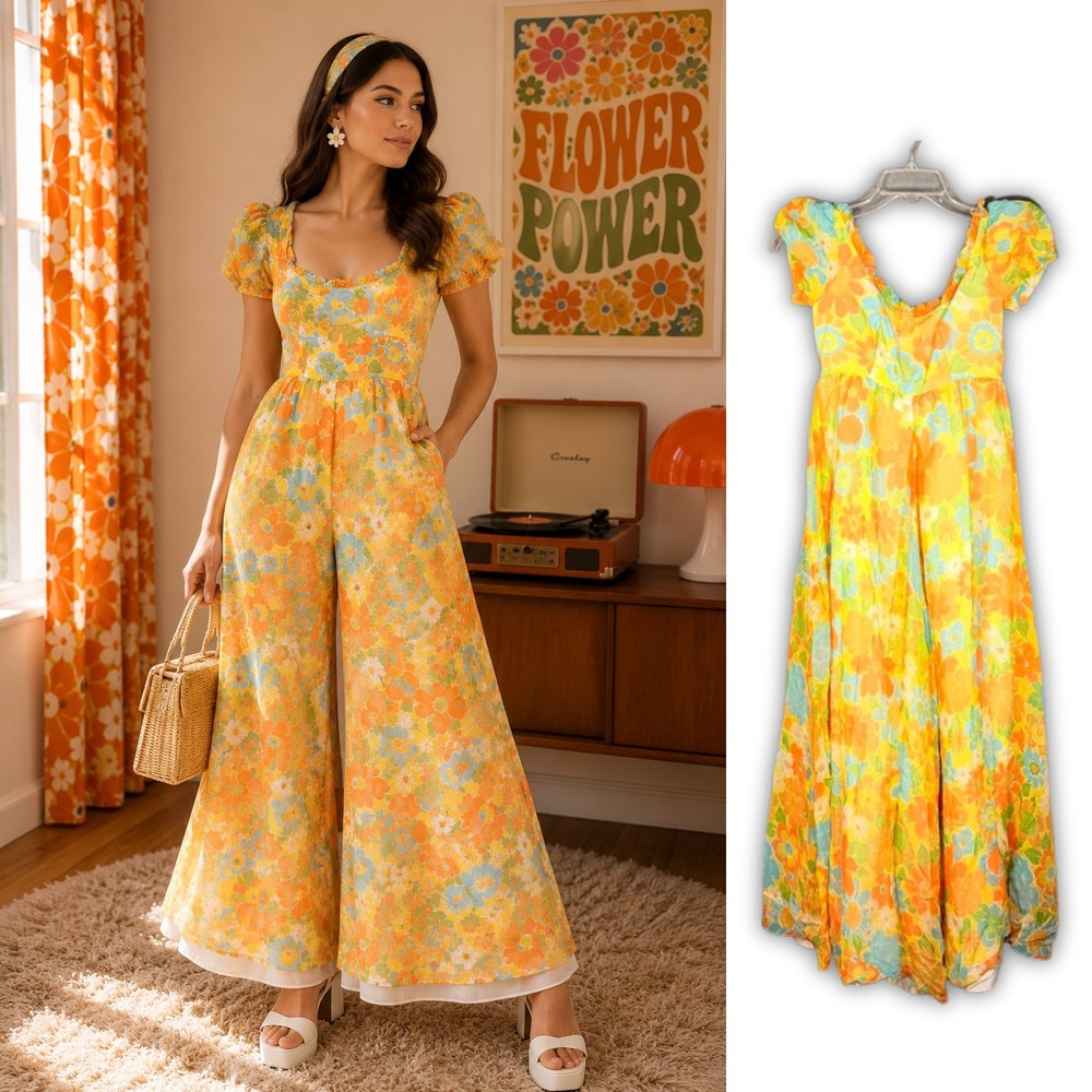 Vintage Retro 60s 70s Floral Wide Leg Jumpsuit Orange Yellow Psychedelic Palazzo